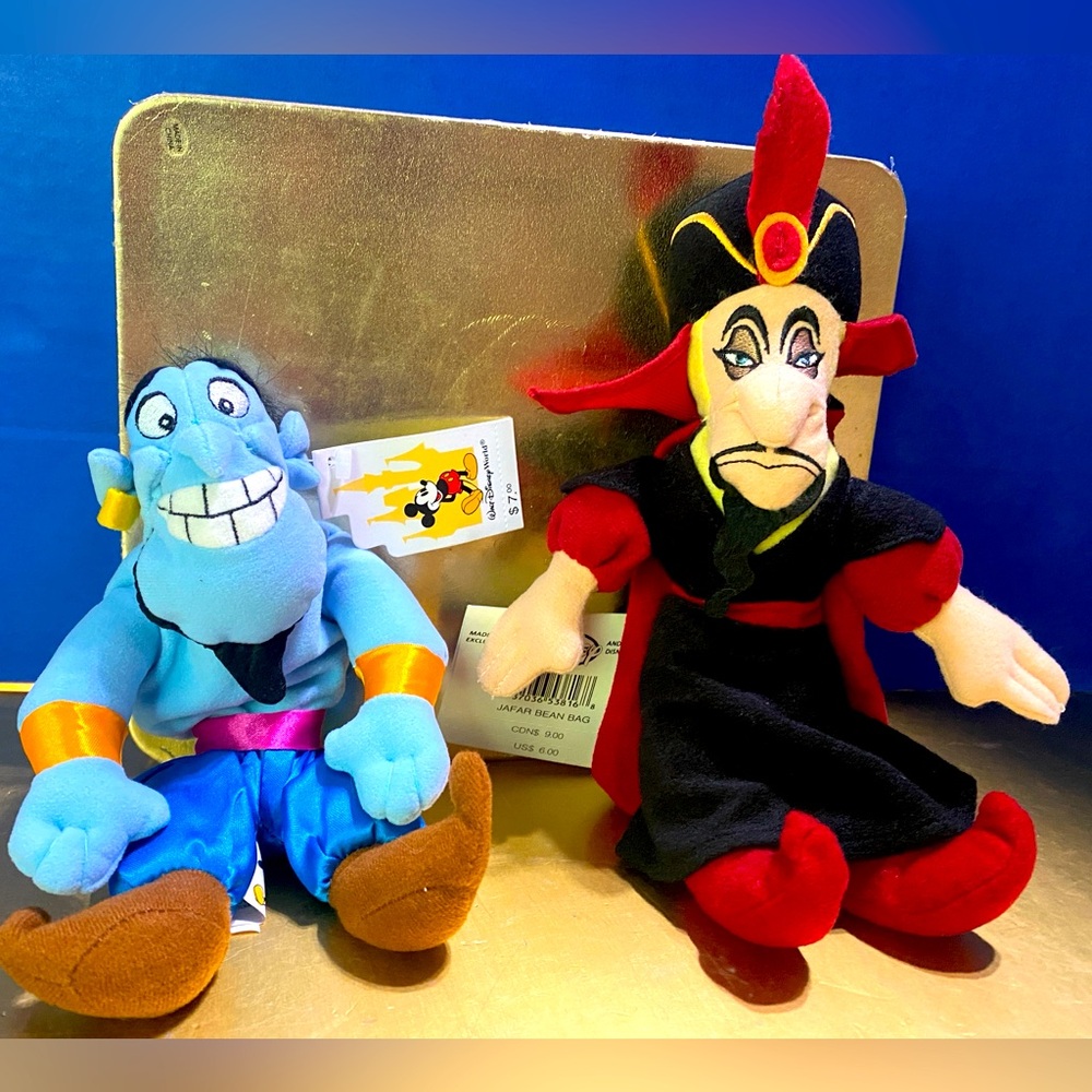 DISNEY STORE EXCLUSIVE NWT VTG 90s ALADDIN GENIE & JAFAR BEAN BAG PLUSH